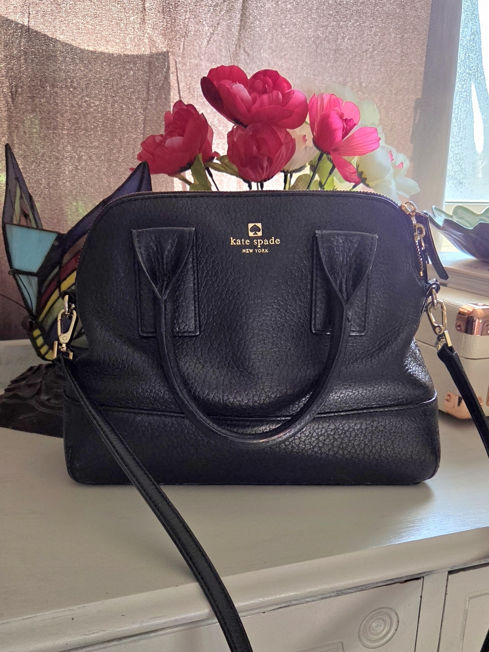 Kate Spade Black Pebbled Leather Satchel with Crossbody Strap